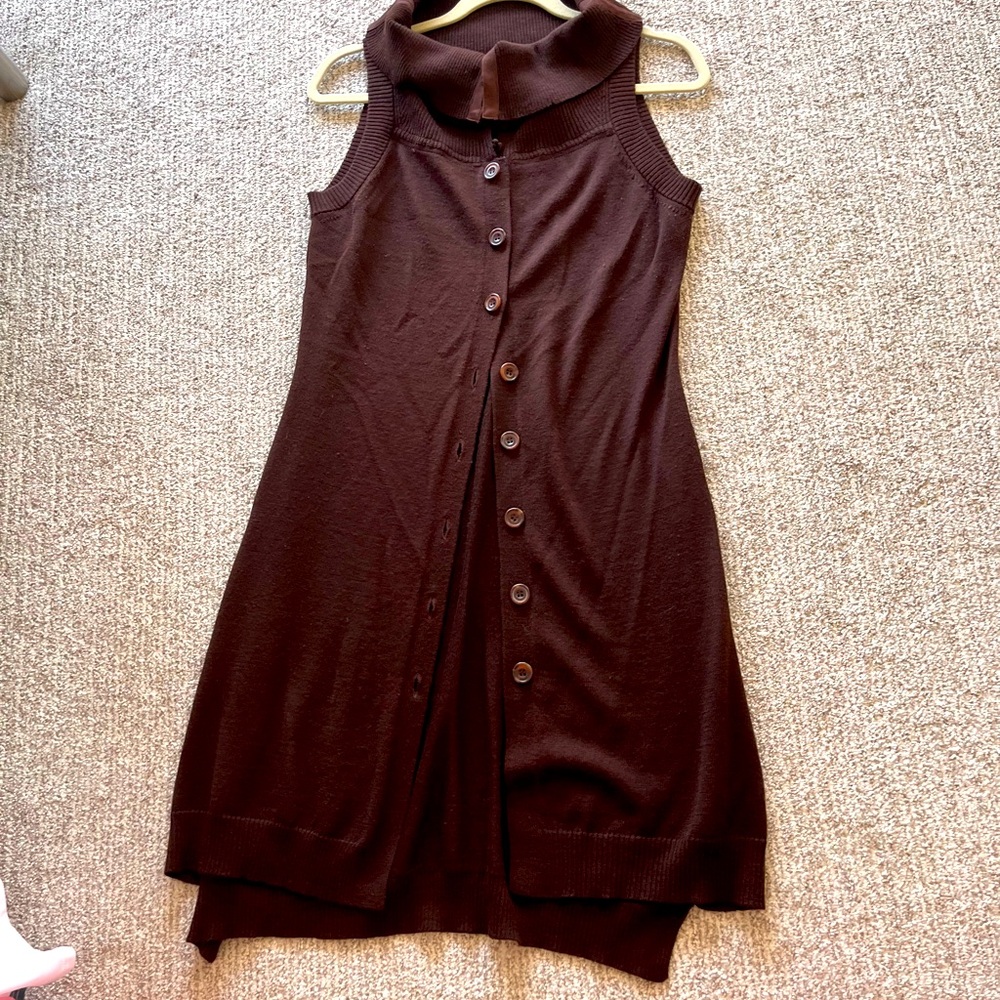Ladies Vest dress cover brown button down cowl roll neck Anthropologie 8 Libre